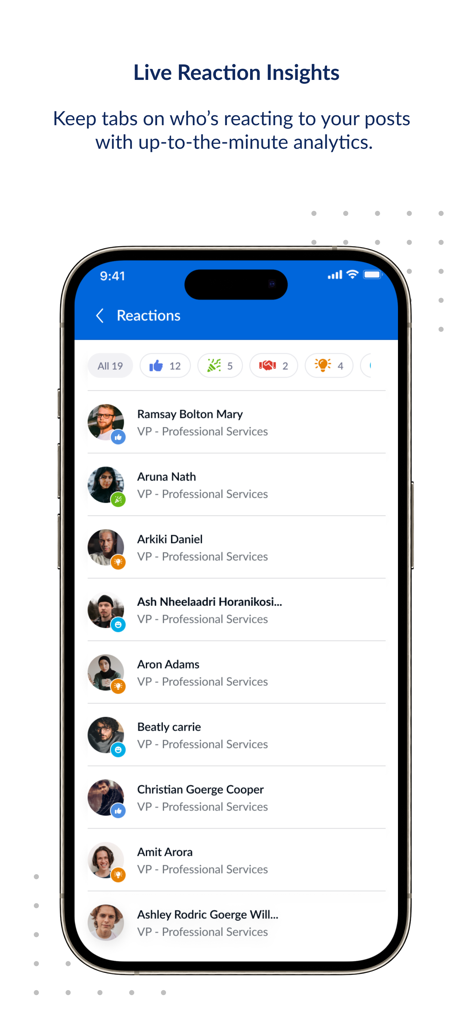 Interface of theEMPLOYEEapp showing real-time engagement analytics and employee reactions to internal corporate posts
