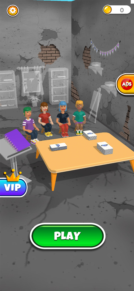 Meme Challenge-Funny Card Game - Sala de juegos de Meme Challenge con personajes sentados en una mesa con mazos de cartas