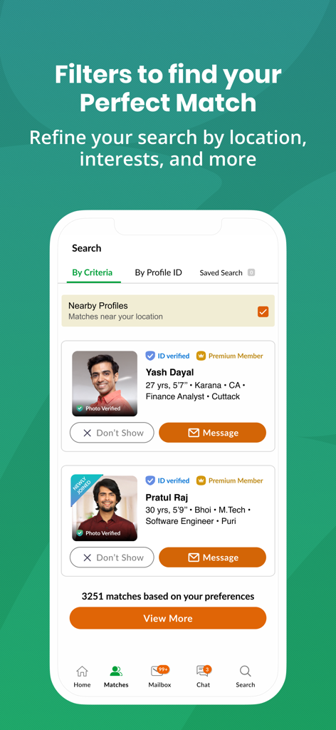 OriyaMatrimony app search interface showing profile matches with filters for location and occupation