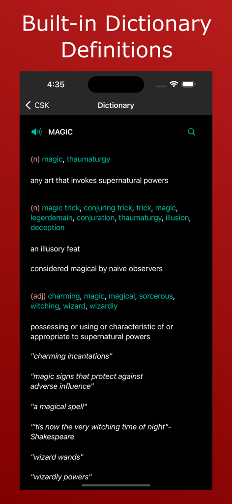 Crossword Solver King - Screenshot of the built-in dictionary in Crossword Solver King showing definitions and synonyms for the word magic