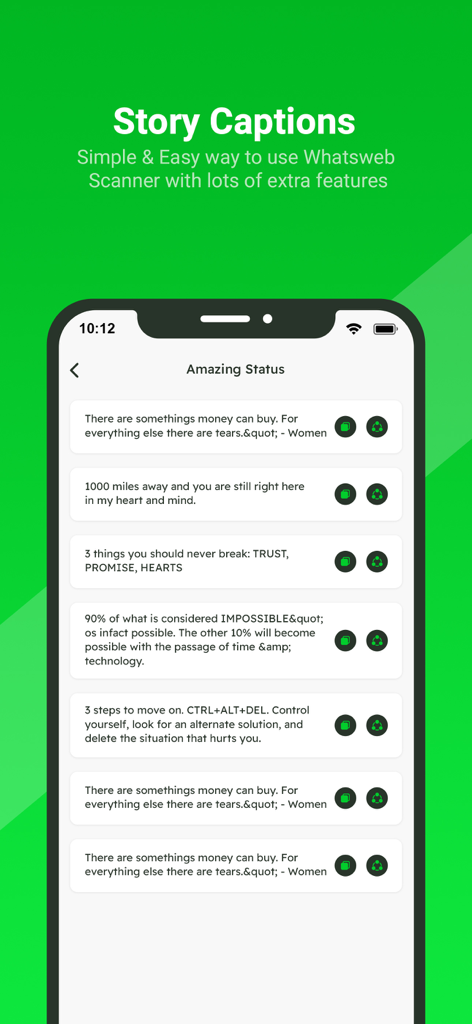 WhatsWeb - Click to Chat - Una lista de leyendas de historias y citas de estado dentro de la interfaz de la aplicación móvil WhatsWeb