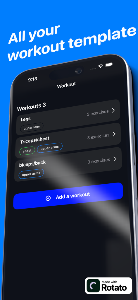 Peak Strength Workout Tracker - Mobile interface of Peak Strength Workout Tracker showing custom gym workout templates for legs and chest.