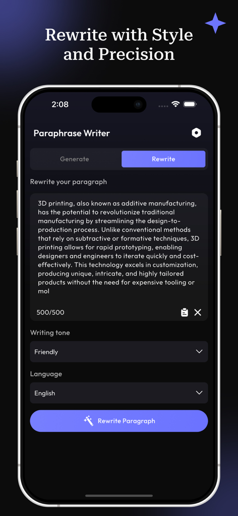 Paraphrase - AI Reword Writer - AI paraphrase writer app interface showing text rewriting and tone selection options.