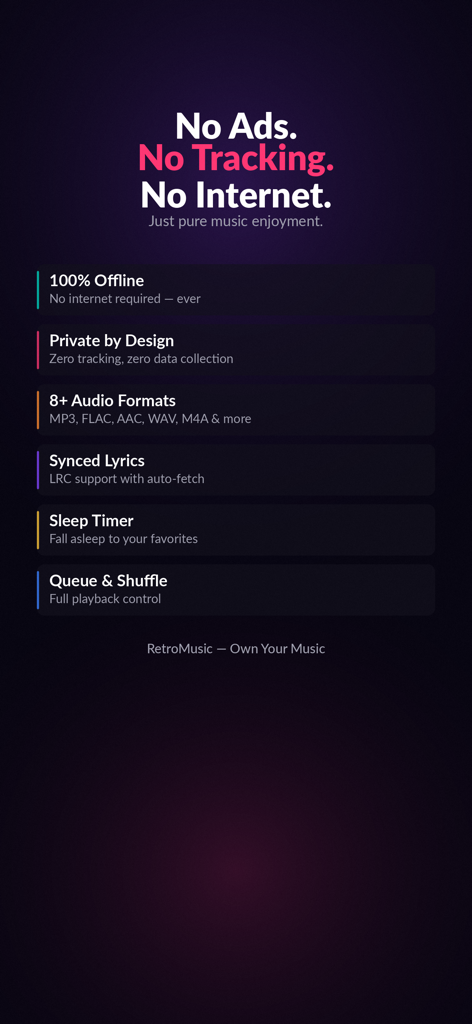 RetroMusic: MP3 & FLAC Player - A list of RetroMusic app features highlighting offline playback, privacy by design, and support for multiple audio formats including MP3 and FLAC.