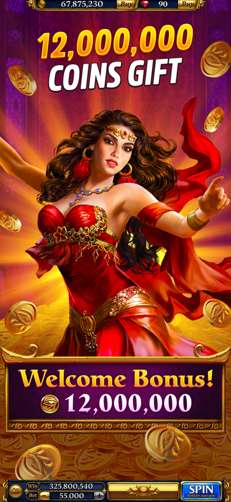 Écran de bonus de bienvenue de Slots Era avec un personnage égyptien et un cadeau de 12 millions de pièces gratuites