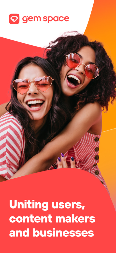 Due donne che ridono e si abbracciano con il logo di Gem Space e lo slogan Unire utenti, creatori di contenuti e aziende