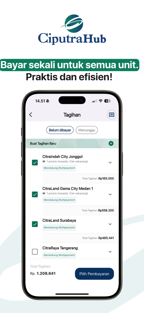 Ciputra Hub - Ciputra Hub mobile app showing bill payment interface for multiple properties