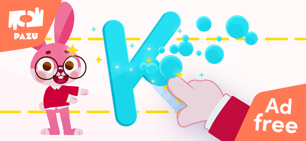 ABC Alphabet Game for kids - A cartoon rabbit watching a hand trace the letter K in the ABC Alphabet Game for kids