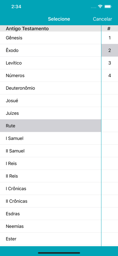 Auswahlmenü der Bücher des Alten Testaments in der portugiesischen Bibel-App