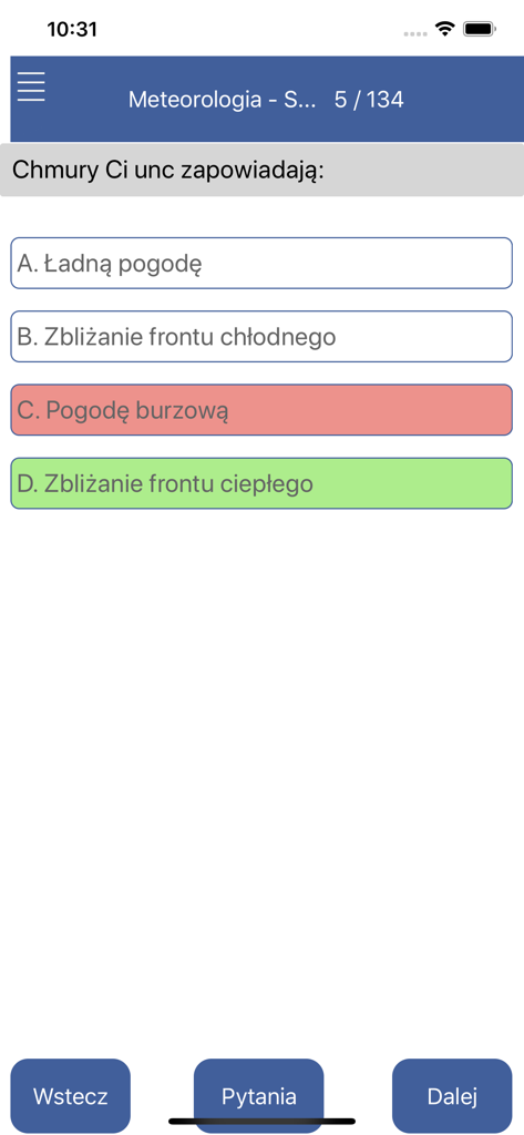 A meteorology quiz question in the Egzamin ULC SPL app with green and red highlighted answers indicating correct and incorrect choices