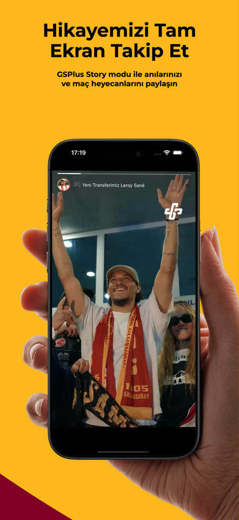 GSPlus - A hand holding a smartphone showing the GSPlus app full-screen story mode with a celebration photo of Leroy Sane.