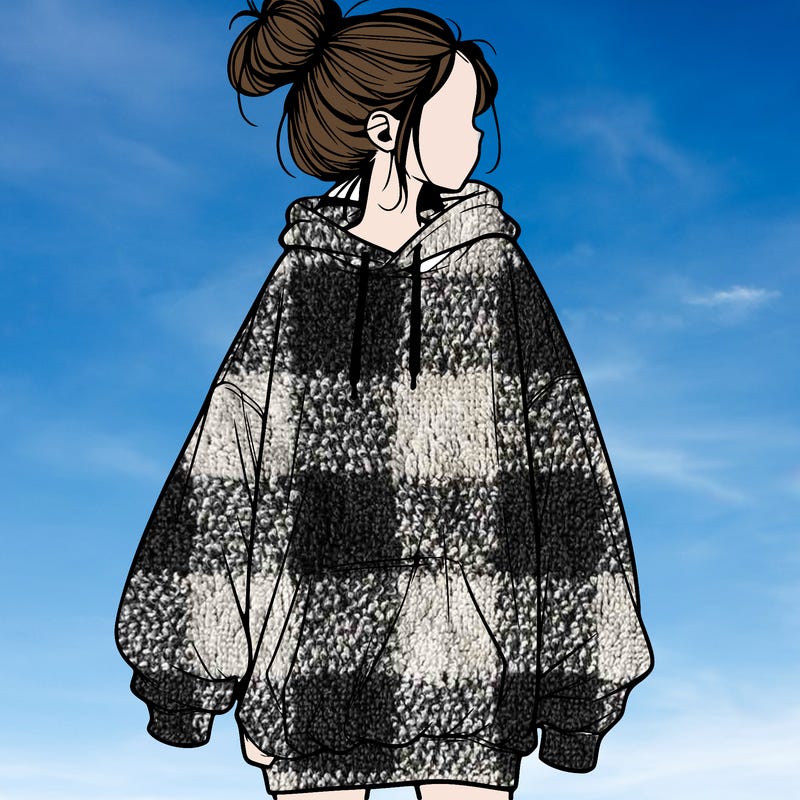 realistic girl with a oversized sweatshirt on and a bun