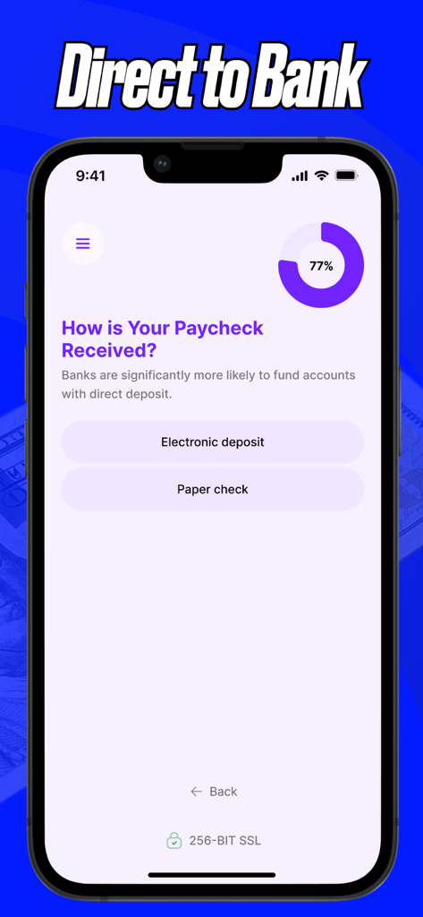 Ein mobiler App-Bildschirm mit dem Titel Direct to Bank, der den Benutzer fragt, wie er seinen Gehaltsscheck erhält, mit Optionen für elektronische Einzahlung und Scheck.