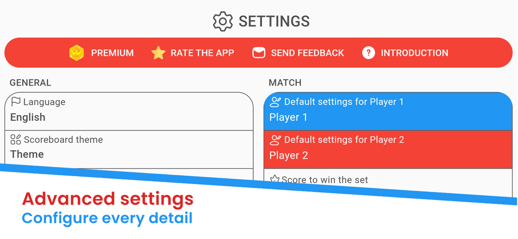 Scoreboard - Track score - Advanced settings screen to customize themes and player details in the Scoreboard app