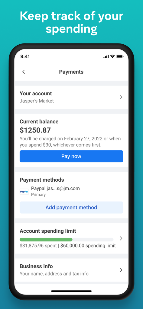Meta Ads Manager payments dashboard showing current balance and account spending limit