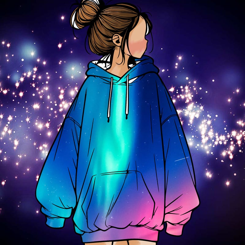 realistic girl with a oversized sweatshirt on and a bun