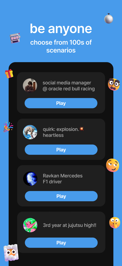 Uma tela no aplicativo Status intitulada Seja Qualquer Pessoa mostrando vários cenários de roleplay como gerente de redes sociais e papéis de personagens de anime.