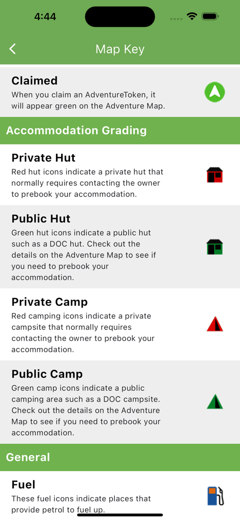 Pantalla de clave de mapa que muestra iconos de alojamiento público y privado y estaciones de servicio