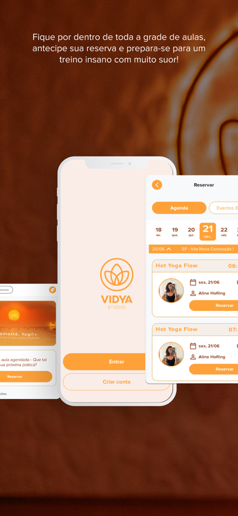 Mobile app interface for Vidya Studio yoga class booking and scheduling