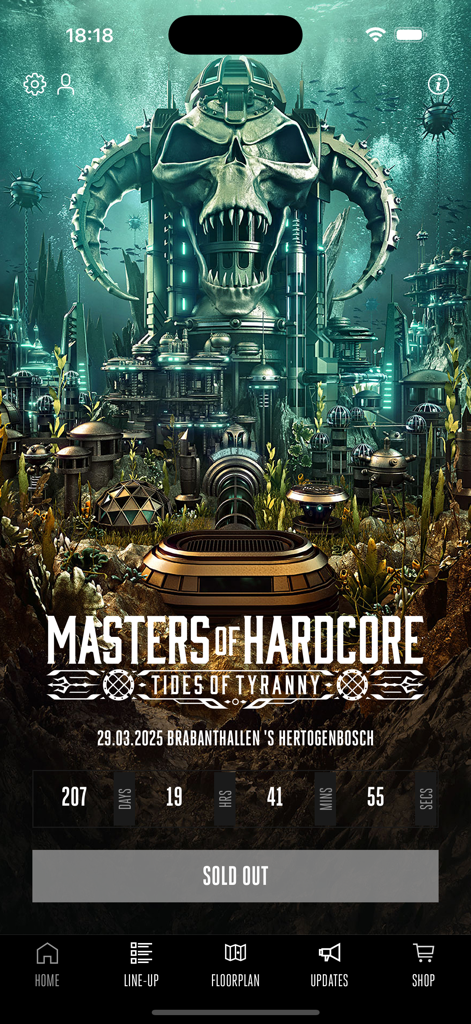 Tela inicial do aplicativo Masters of Hardcore 2026 com contagem regressiva do evento Tides of Tyranny e status de esgotado