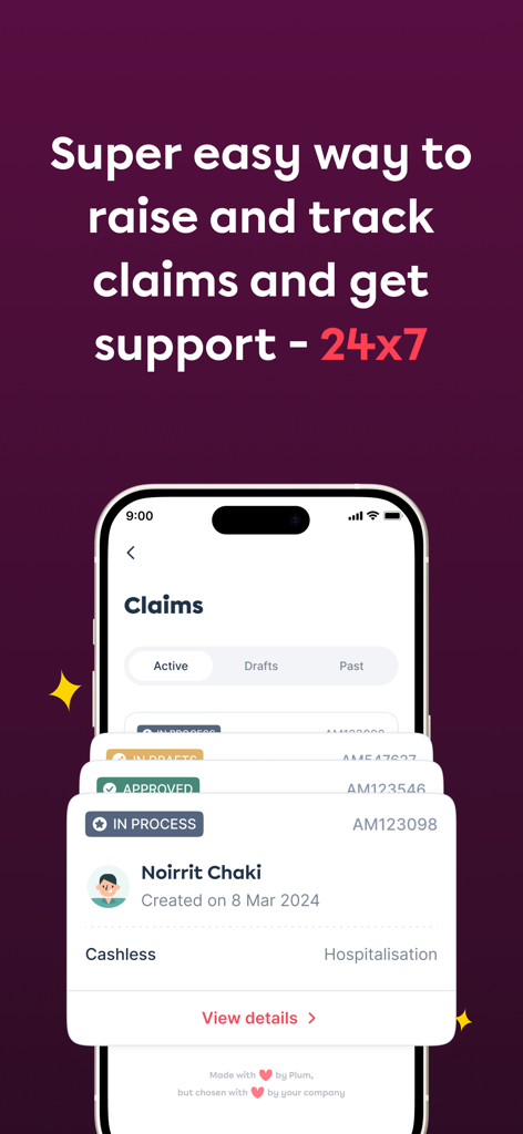 Plum: Health Benefits - Plum mobile app interface displaying a dashboard for tracking health insurance claims with statuses like in process and approved