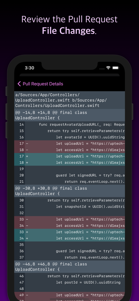 Pullwalla for Bitbucket GitHub - A screenshot of the Pullwalla app on an iPhone showing a code diff with highlighted additions and deletions for a pull request review.