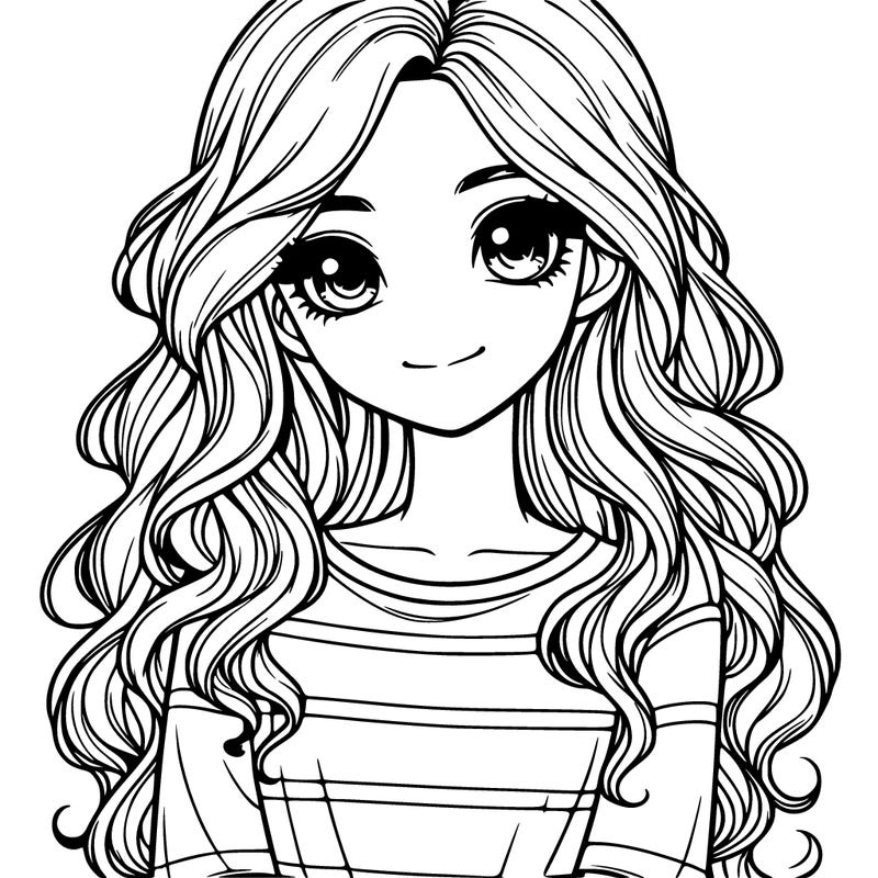 realistic girl with long, wavy hair and cute shirt