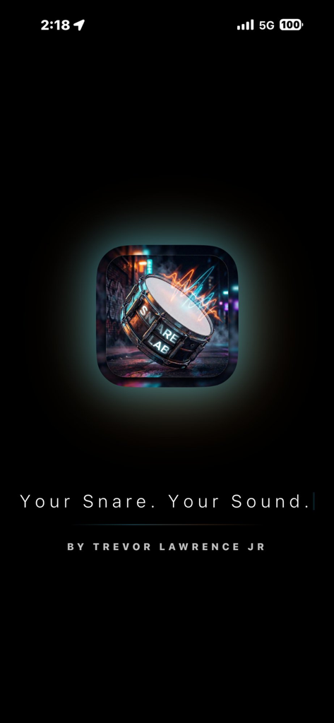 Snare Lab - Pantalla de inicio de la aplicación Snare Lab con un ícono de tarola y el lema Tu Tarola Tu Sonido