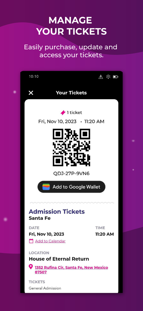 Interfaccia dell'app Meow Wolf che mostra un biglietto digitale con un codice QR