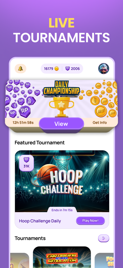Mobile Esports: Win Prizes - Mobile Esports app live tournaments screen featuring Daily Championship and Hoop Challenge
