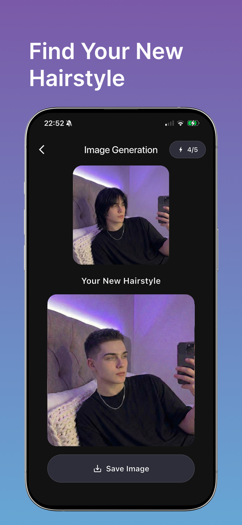 Screenshot of HairLabs app showing a male user trying on different AI generated hairstyles including a short fade