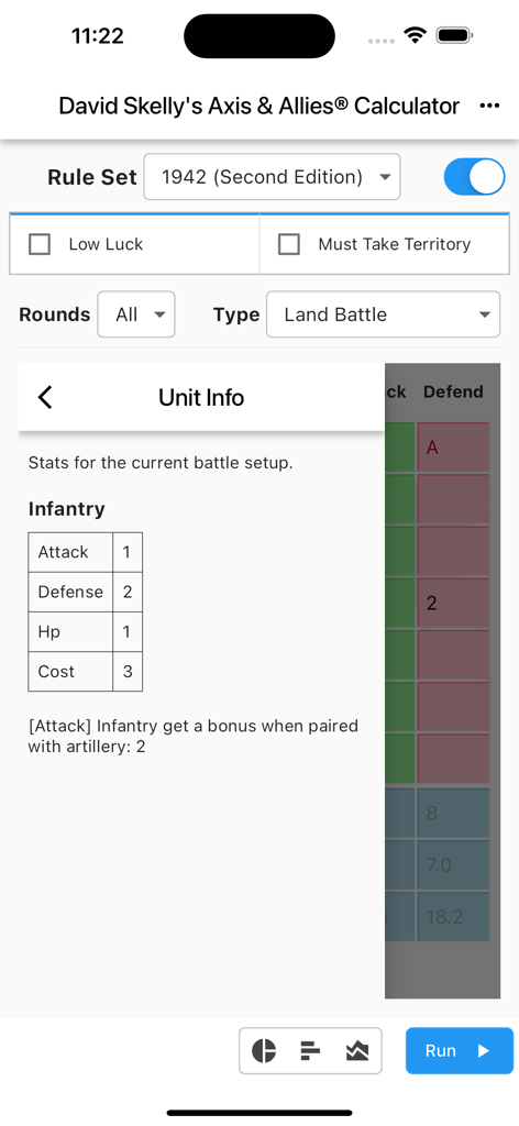 Skelly's AXIS&ALLIES® Calc - Infantry unit statistics screen in the Skellys Axis and Allies Calculator app