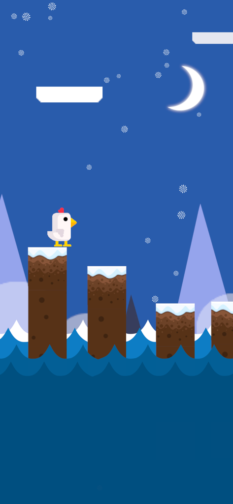 Scream Chicken character standing on snowy pillars in a winter night level with a crescent moon