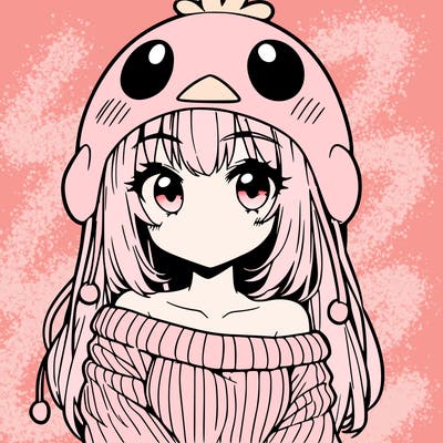 anime girl with chick shaped hat with sweater with bare shoulders with bangs covering them one eye with low tail