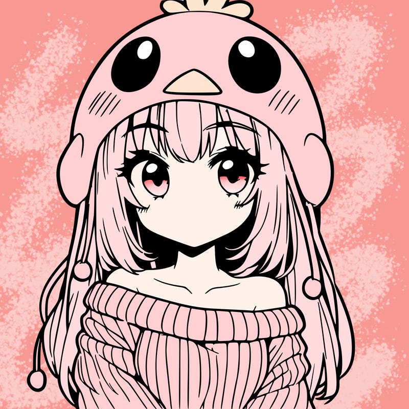 anime girl with chick shaped hat with sweater with bare shoulders with bangs covering them one eye with low tail