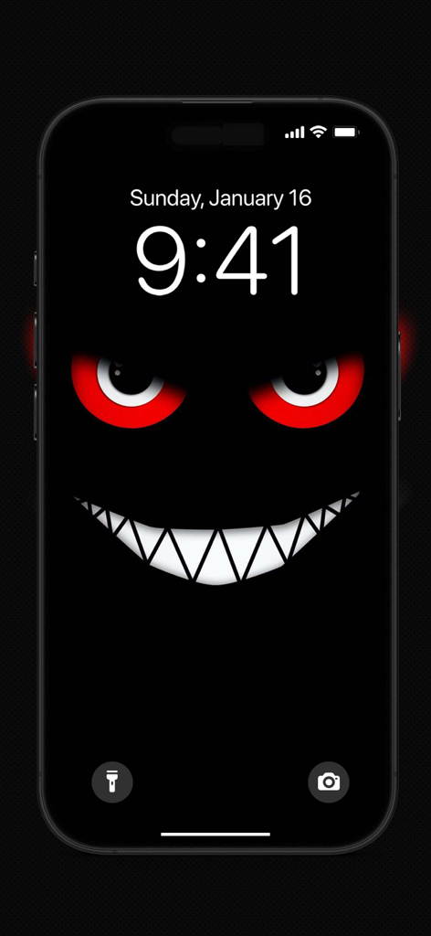 Silly Smile Wallpapers 4K Live - Albernes Lächeln-Hintergrundbild mit roten Augen und zahnigem Grinsen auf einem schwarzen Sperrbildschirm