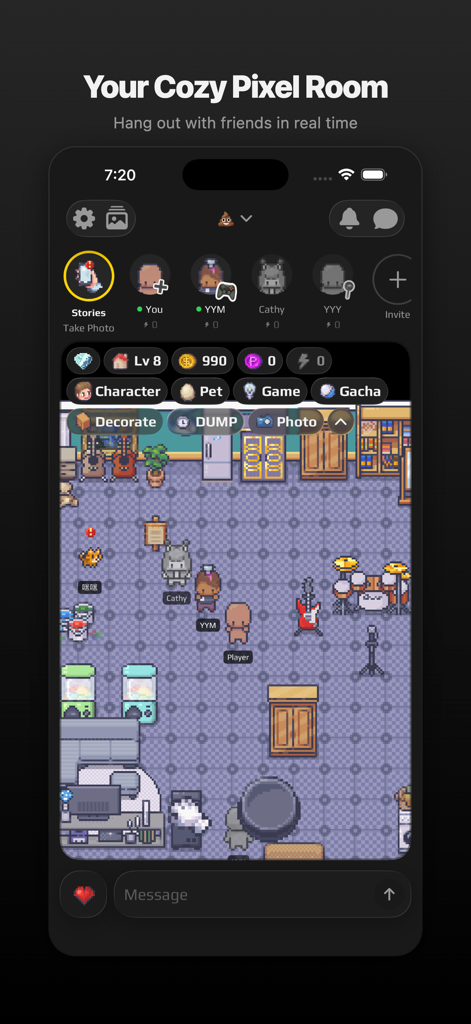 Peeps - For Friends & Couples - Captura de tela do aplicativo Peeps mostrando uma sala personalizável de pixel art aconchegante com amigos interagindo em tempo real.