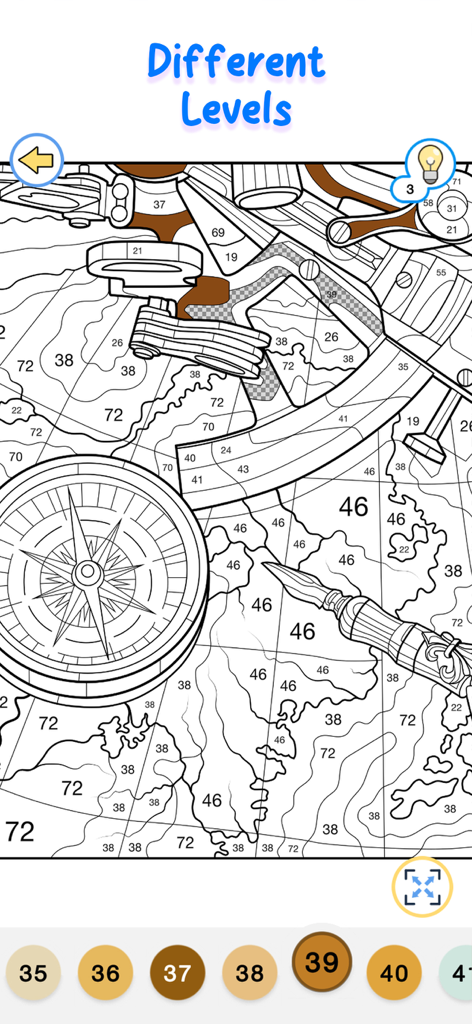 A detailed nautical map and compass illustration in the Happy Canvas color by number app showing numbered sections for painting.