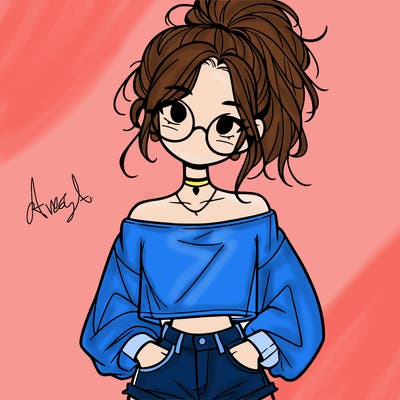 girl with a messy ponytail glasses a baggy crop top and jean shorts