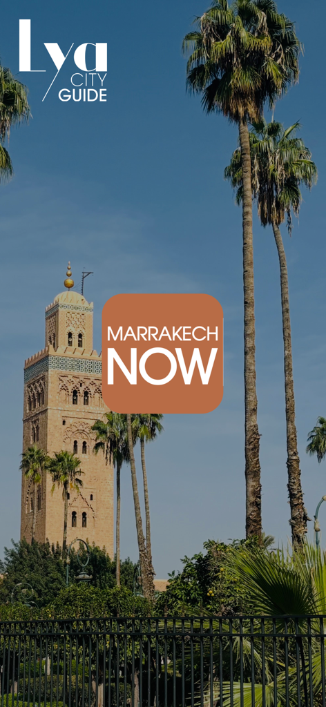 Marrakech NOW - Travel guide - Marrakech NOW travel guide app logo featuring the Koutoubia Mosque and palm trees.