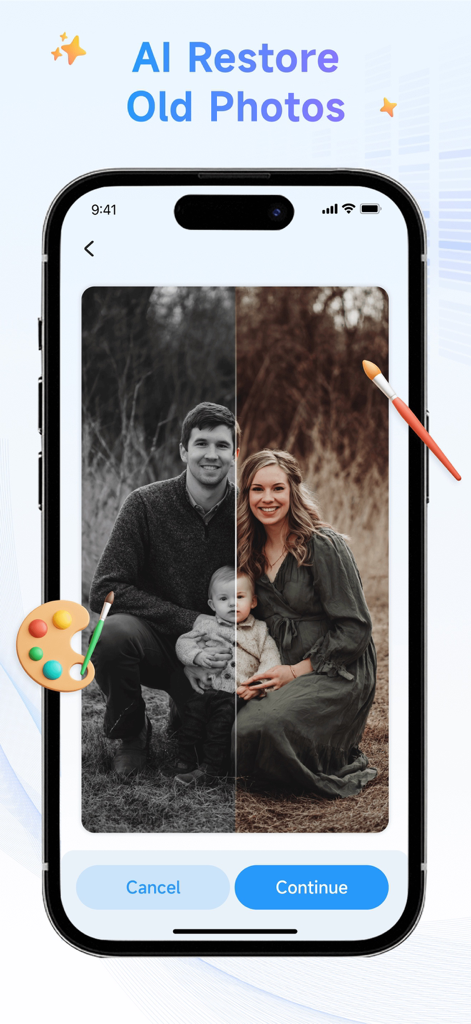 AI photo restoration tool colorizing an old black and white family picture on an iPhone screen