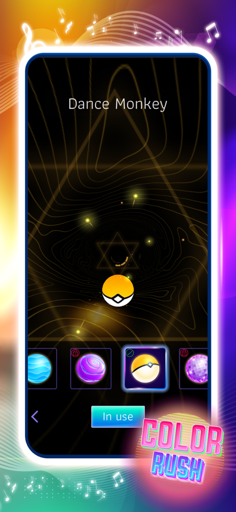 Color Rush: Smash Rhythm 3D - Skin selection menu in Color Rush Smash Rhythm 3D game showing various ball designs