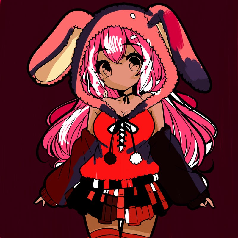 pretty anime girl wearing a fluffy hoodie with bunny ears on the hood and a skirt