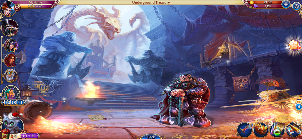 A dwarf warrior standing in the Underground Treasury with a large dragon sculpture in the background