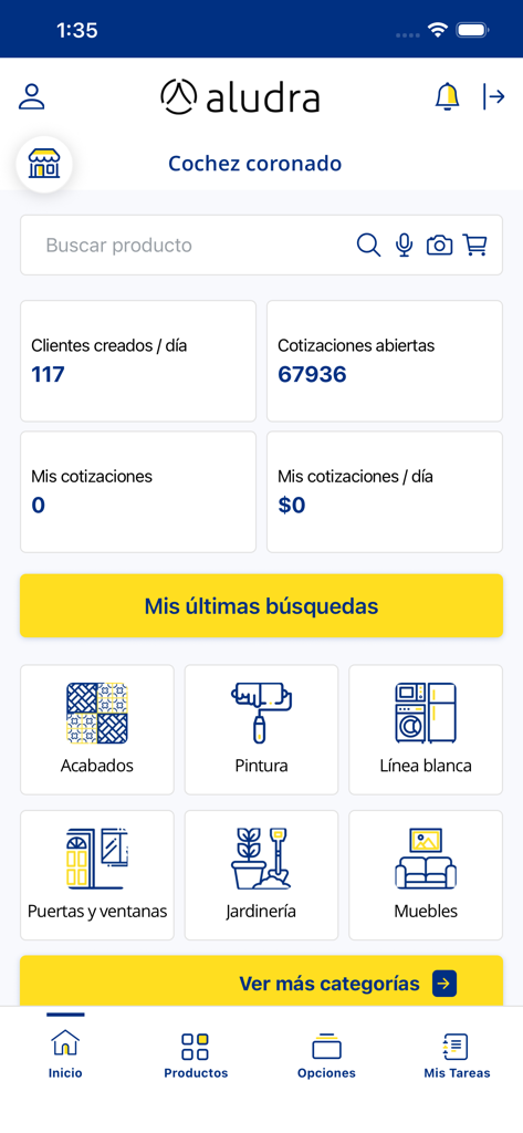 Dashboard principale dell'app Aludra Vendite Assistite che mostra statistiche di vendita e categorie di prodotti.
