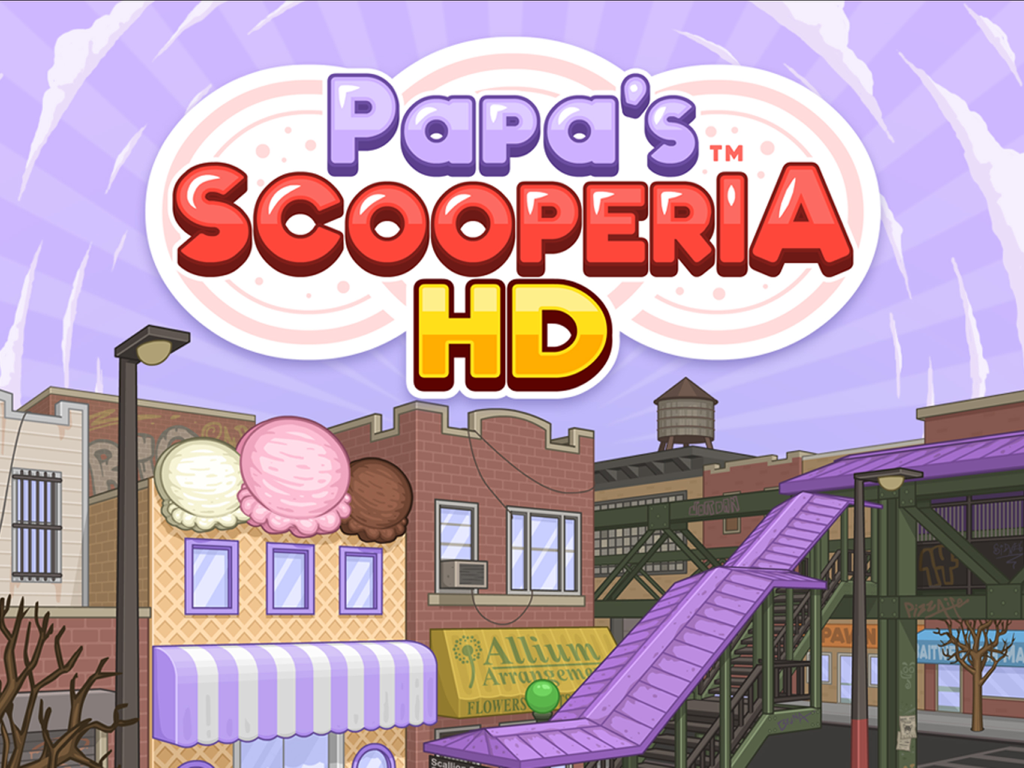 Papa's Scooperia HD - Logotipo del juego Papas Scooperia HD sobre una calle de ciudad de dibujos animados en Oniontown