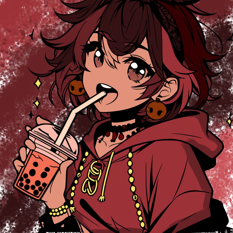 hot baddie anime girl drinking boba and biting the straw