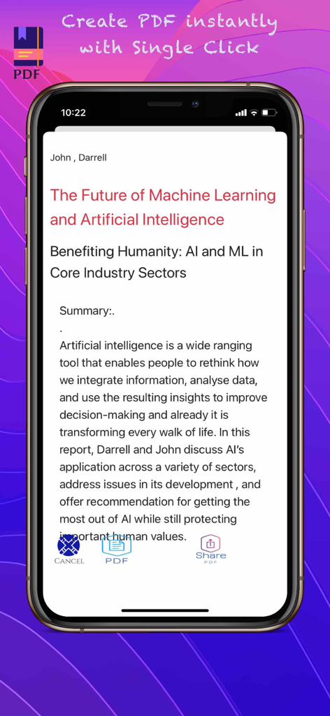 Mobile app interface showing a voice-transcribed report being converted into a PDF document with a single click.