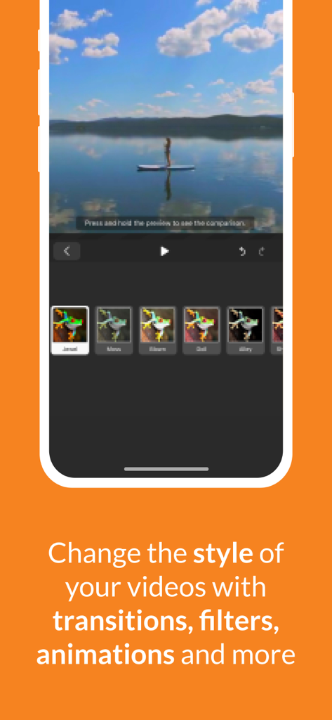 WeVideo - Video Editor & Maker - WeVideo mobile app interface showing video filter options and a woman on a paddleboard
