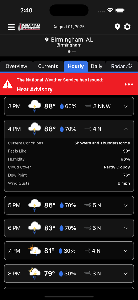 Alabama Weather Network app screenshot showing hourly weather forecast for Birmingham with a heat advisory alert and thunderstorm predictions